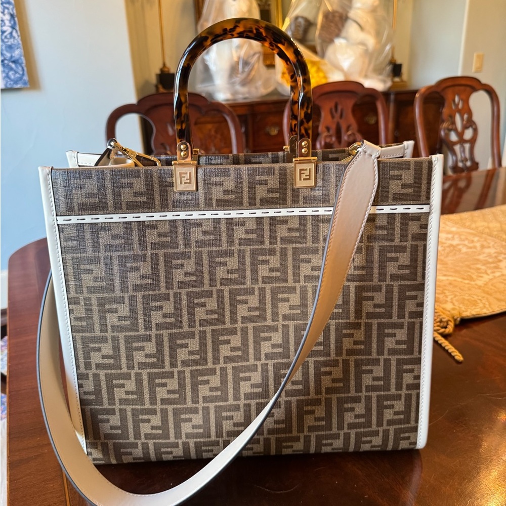 Fendi Gray Geometric Pattern Tote with Leather Trim